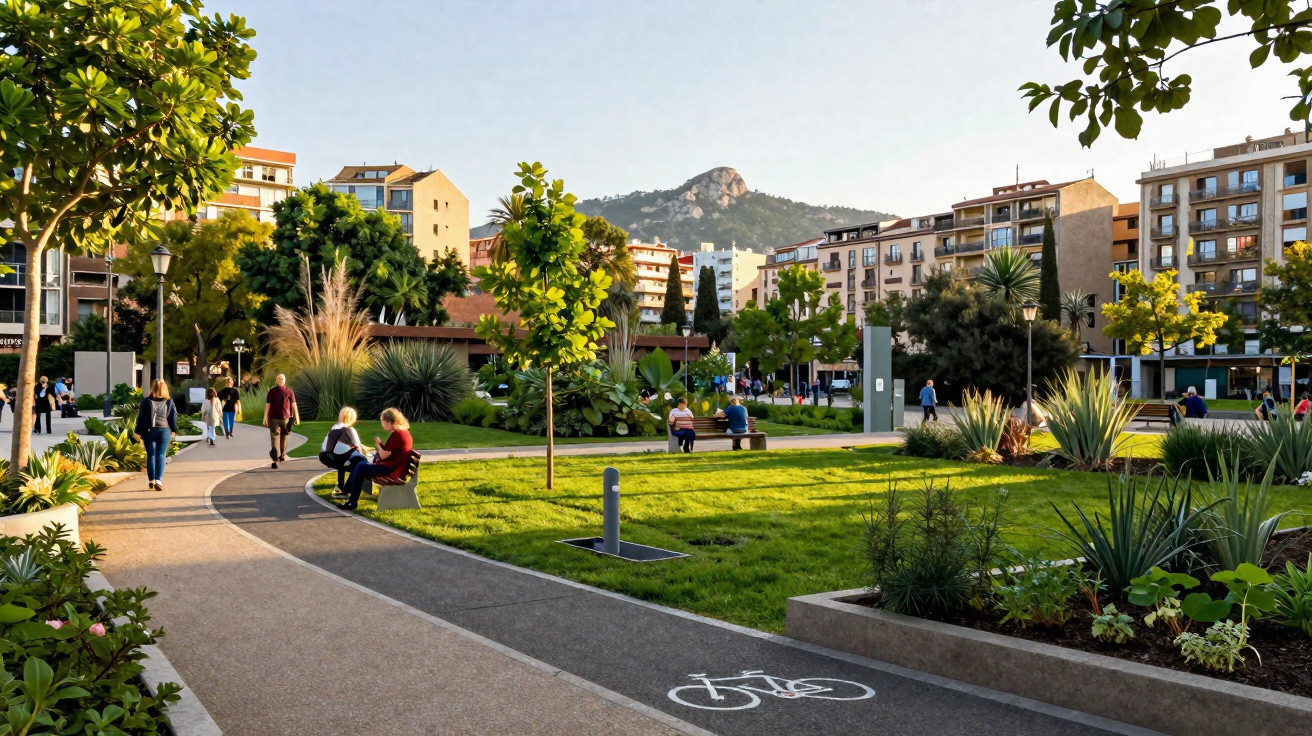 Urban park with people walking, green lawns, and buildings under a mountain in sunlight.