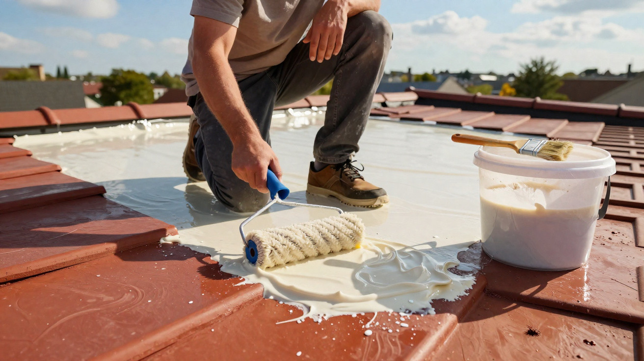 Person in work boots applying white sealant with roller on red tiled roof under clear sky