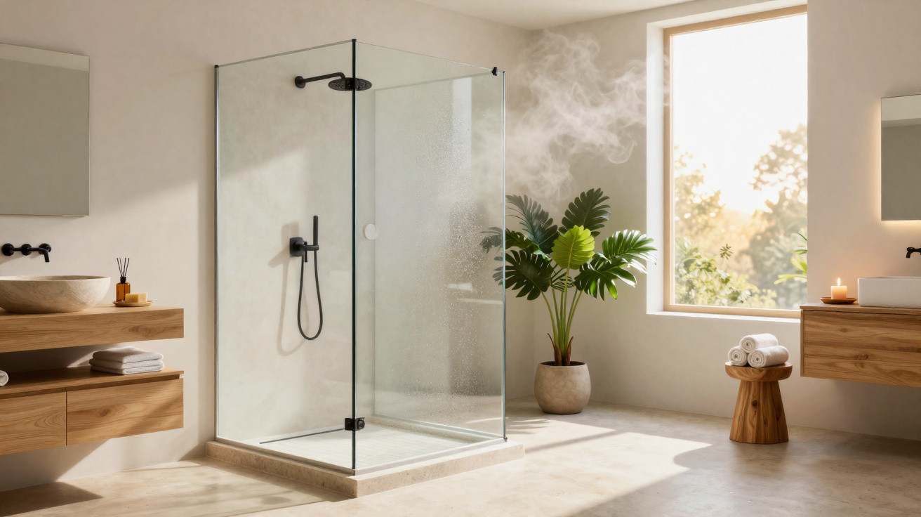 Modern bathroom with glass shower enclosure, wooden vanities, potted plant, and natural light from window.