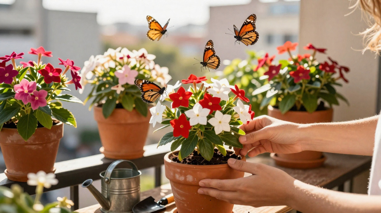 Hands tending to red and white flowers in pots with monarch butterflies flying nearby on a sunny balcony.