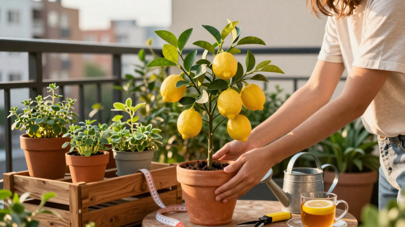 Person tending to a potted lemon tree on a balcony with other plants and gardening tools nearby.