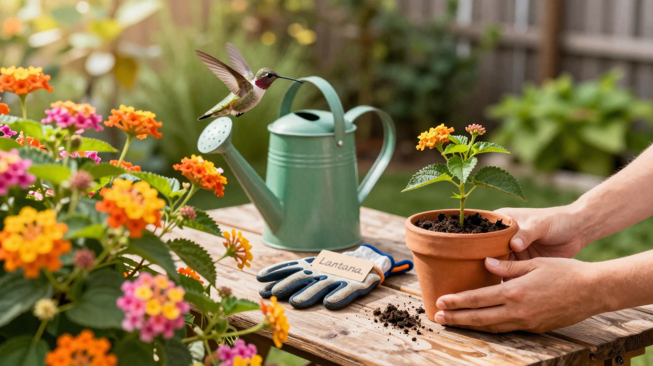 Hands holding a potted lantana plant on a wooden table with gardening gloves, watering can, and a hummingbird nearby.