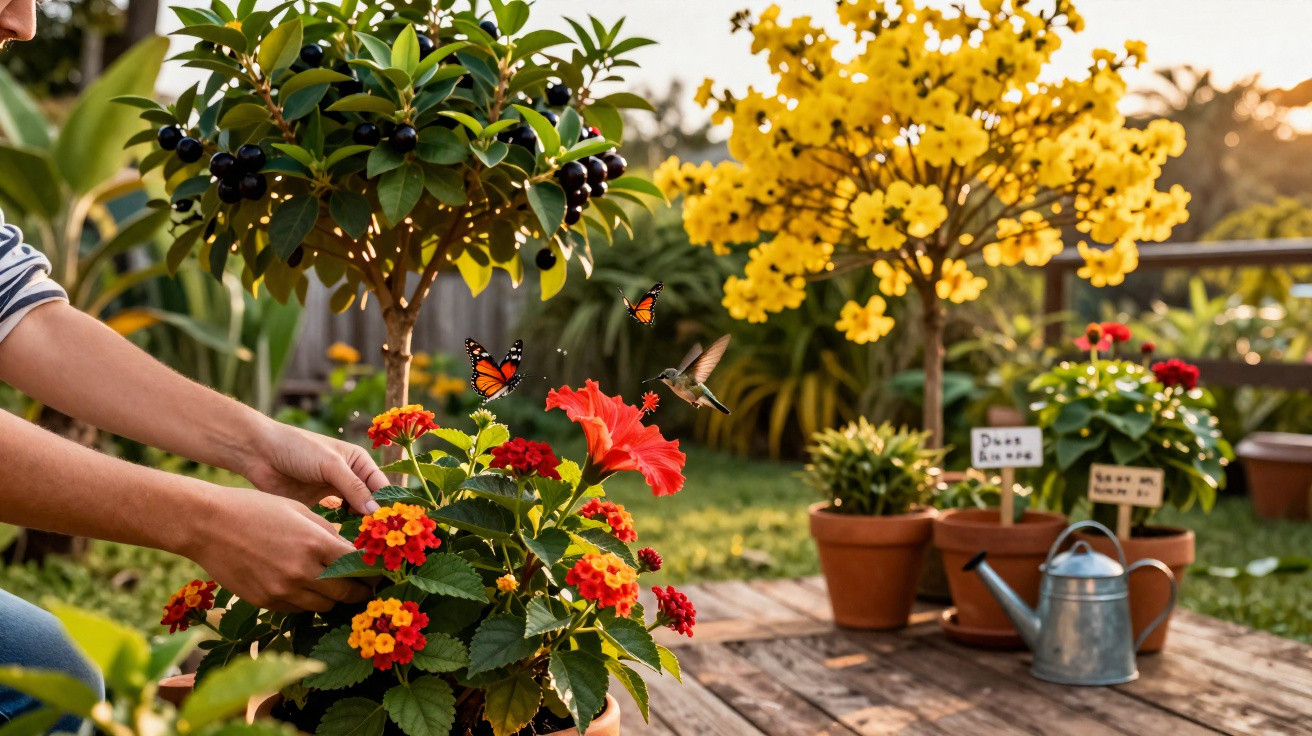 Hands tending colourful flowering plants with butterflies and a hummingbird in a sunlit garden.