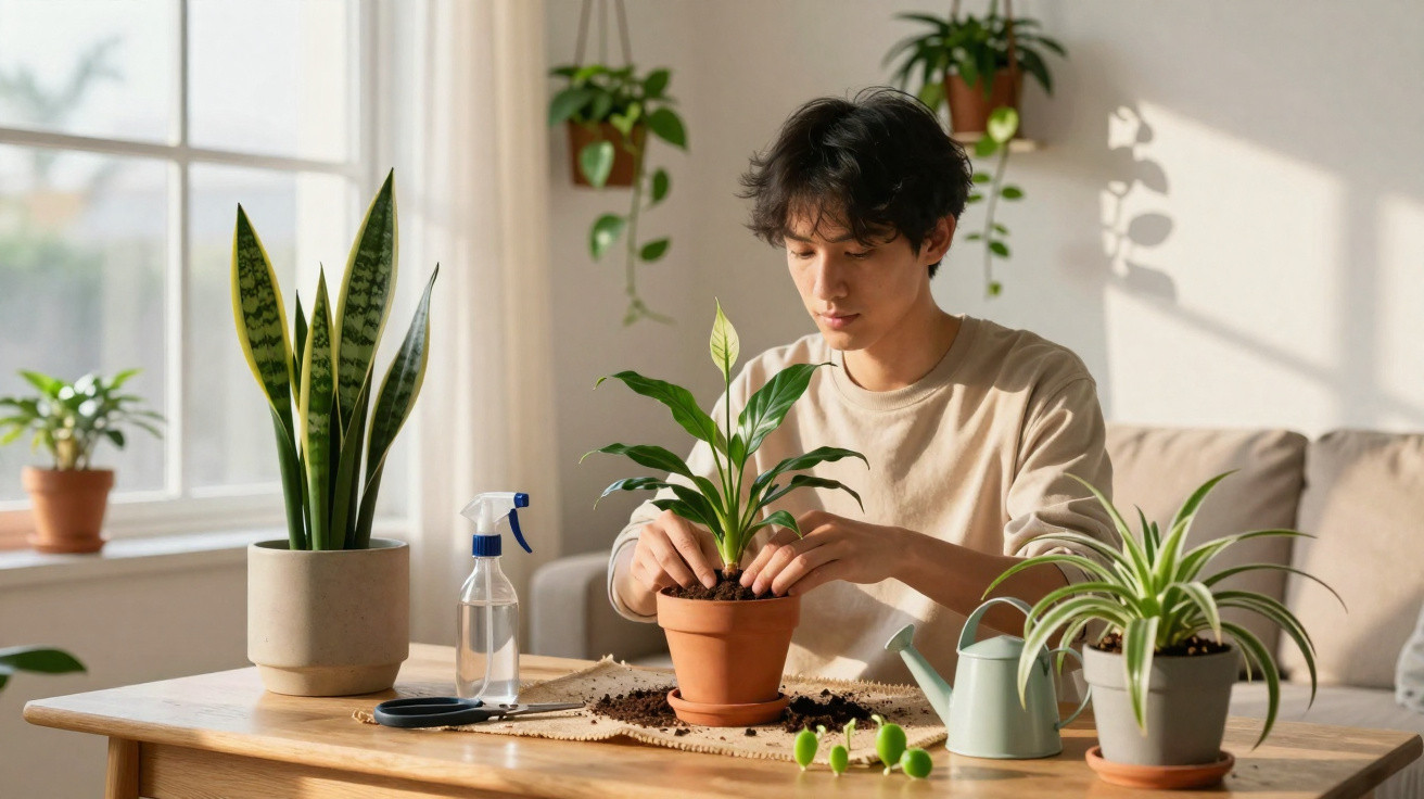 Young man repotting a houseplant on a wooden table surrounded by various potted plants in a sunlit room.