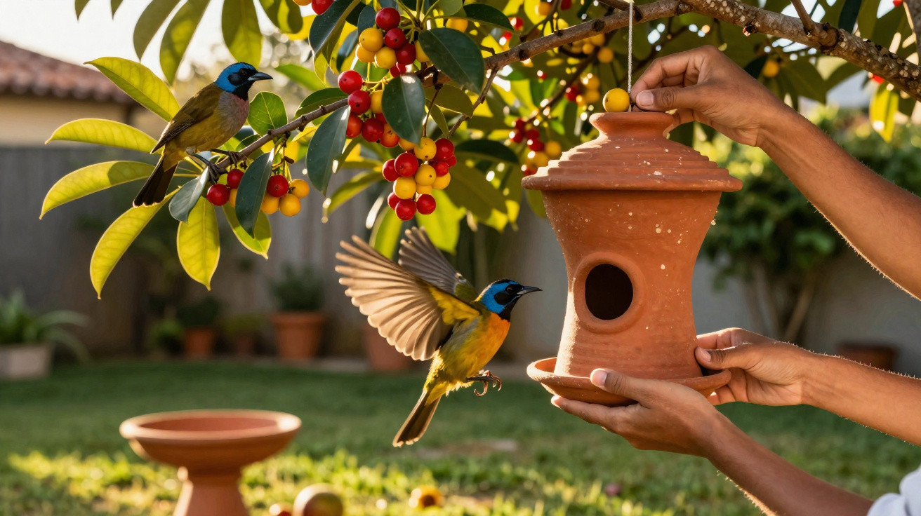 Hands holding a clay birdhouse near a branch with two colourful birds and red and yellow berries.