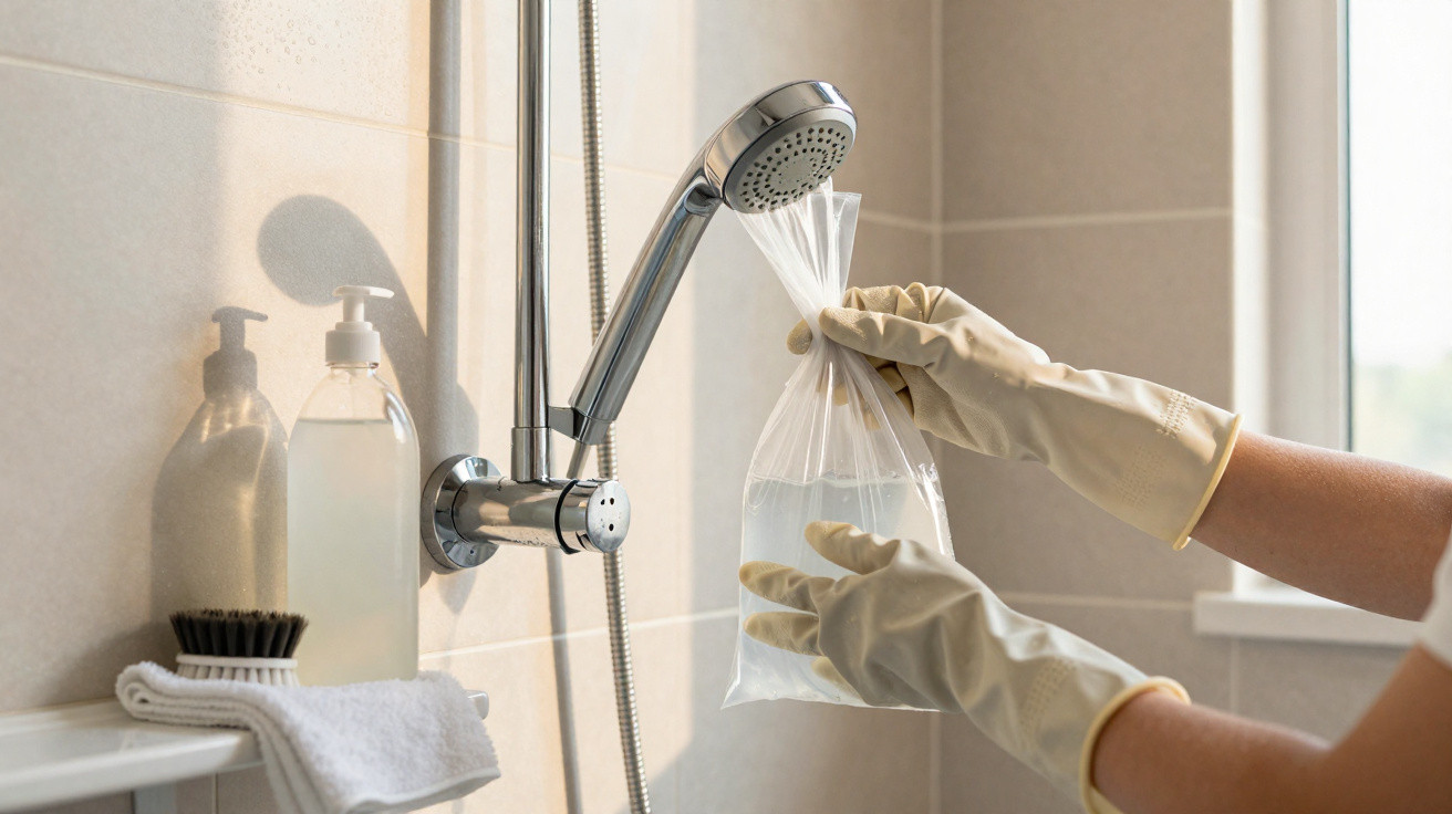 Person wearing rubber gloves holding a plastic bag under a showerhead in a bathroom.