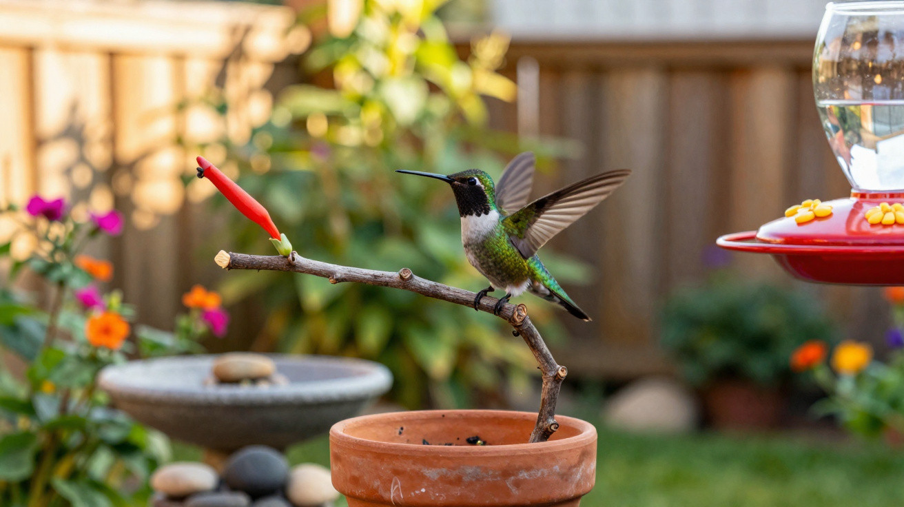 Hummingbird with iridescent green feathers perched on a branch over a terracotta pot in a garden.
