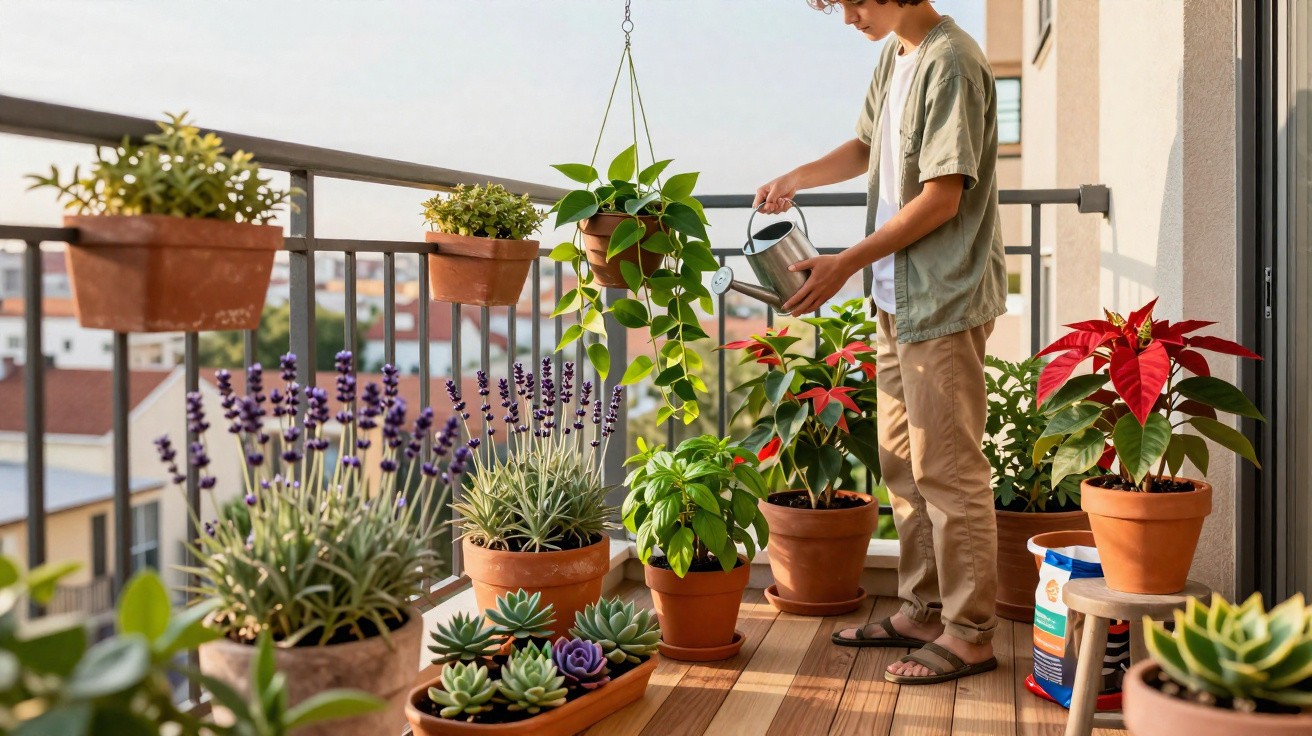 Person watering various potted plants on a balcony with wooden flooring in the daytime.