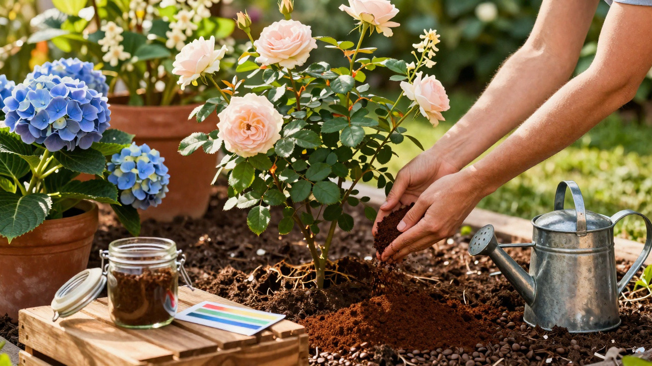 Person adding soil around a blooming pink rose bush in a garden with nearby plants and a watering can.