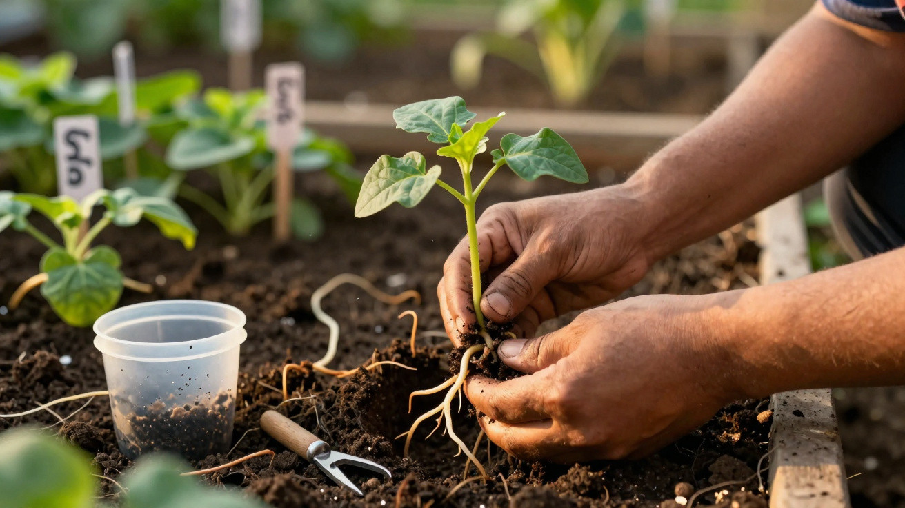 Hands transplanting a small seedling with roots into soil in a garden bed during daylight.