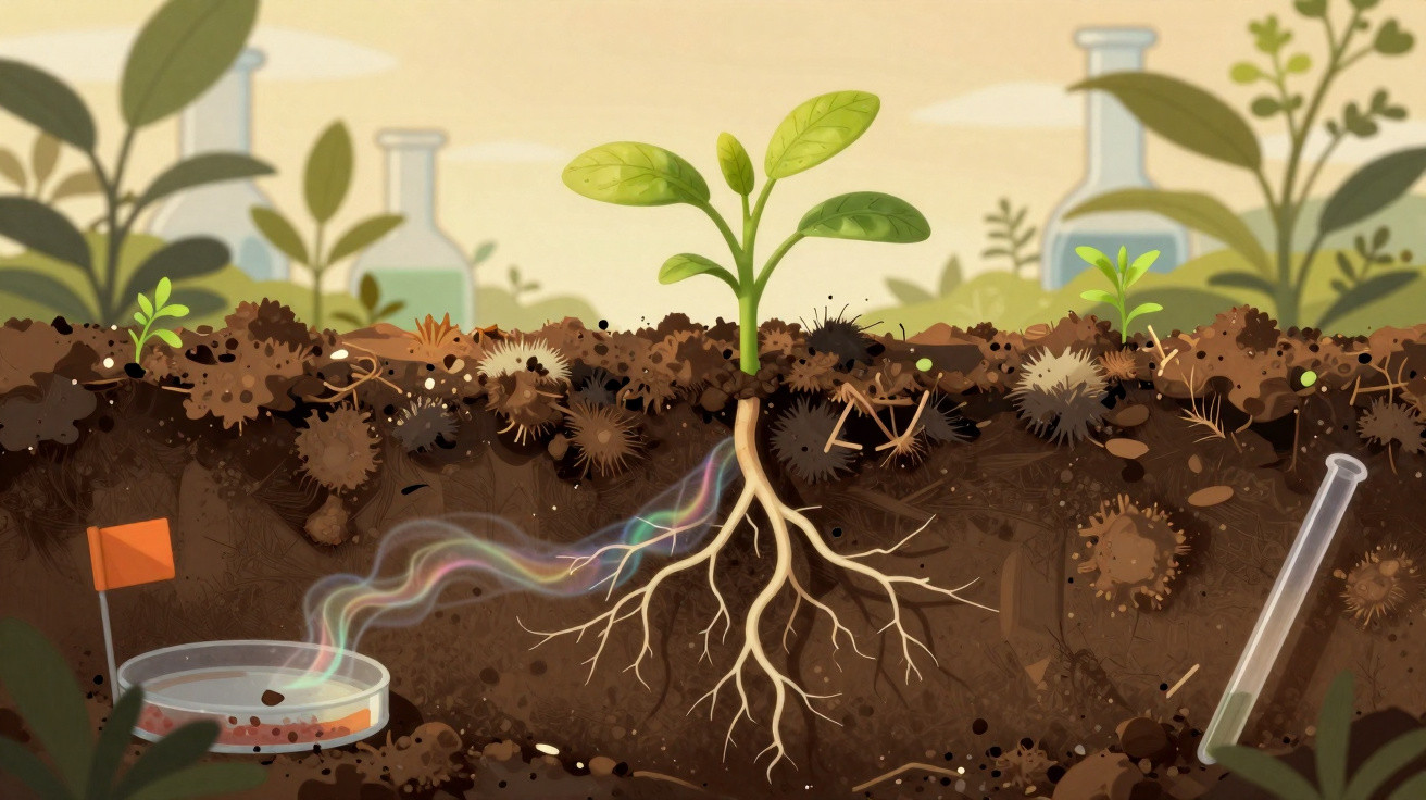 Illustration of plant roots underground with soil organisms, lab equipment, and a glowing nutrient trail to roots.