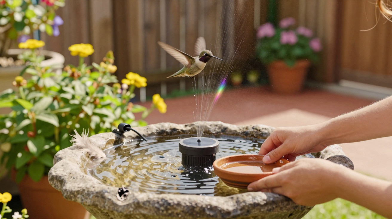 Hummingbird hovering above a fountain spray while a person holds a small dish beside the water feature in a garden.