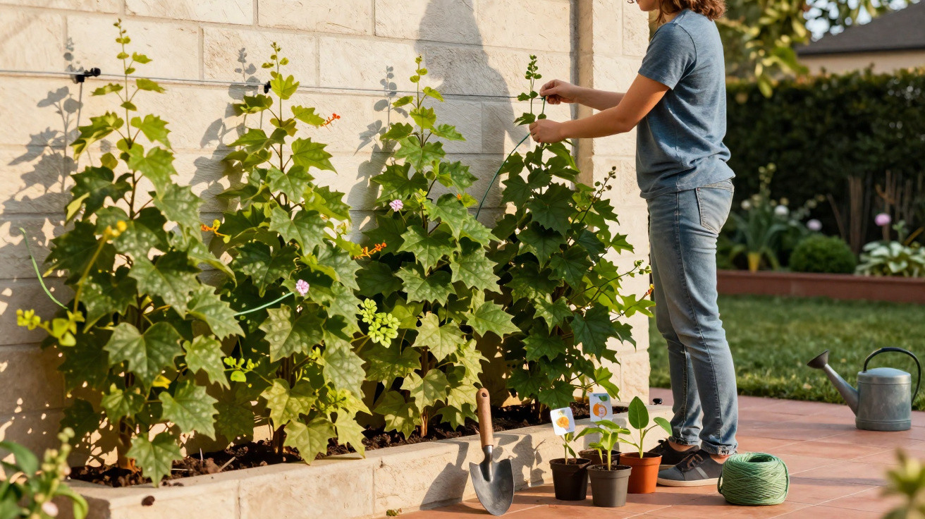 Person tending to tall green plants growing against a sunlit wall in a garden patio.