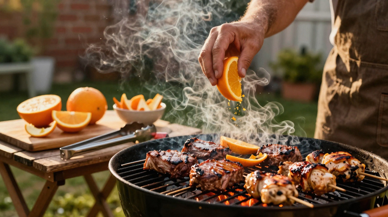 Hand squeezing orange slice over smoky barbecue grill with meat skewers and orange wedges outdoors.