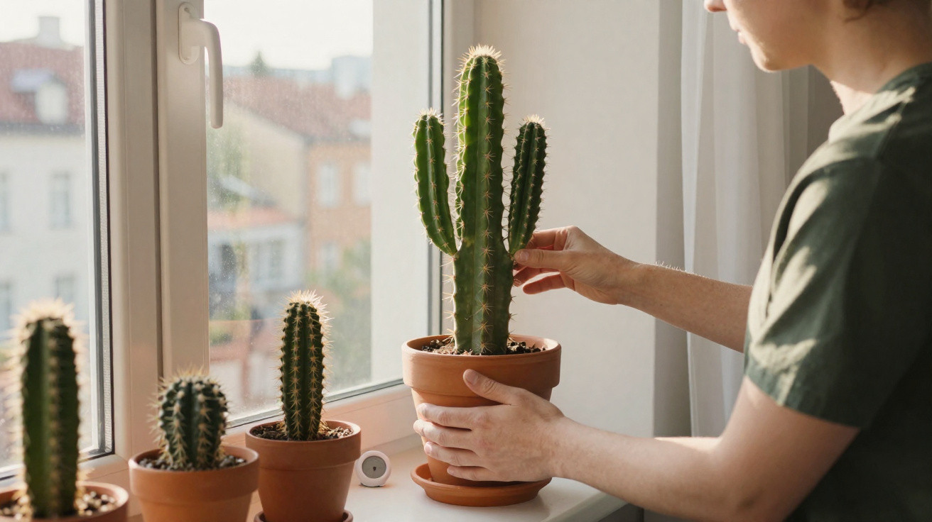 Person in green shirt tending to a tall potted cactus on a sunny windowsill with three smaller cacti.