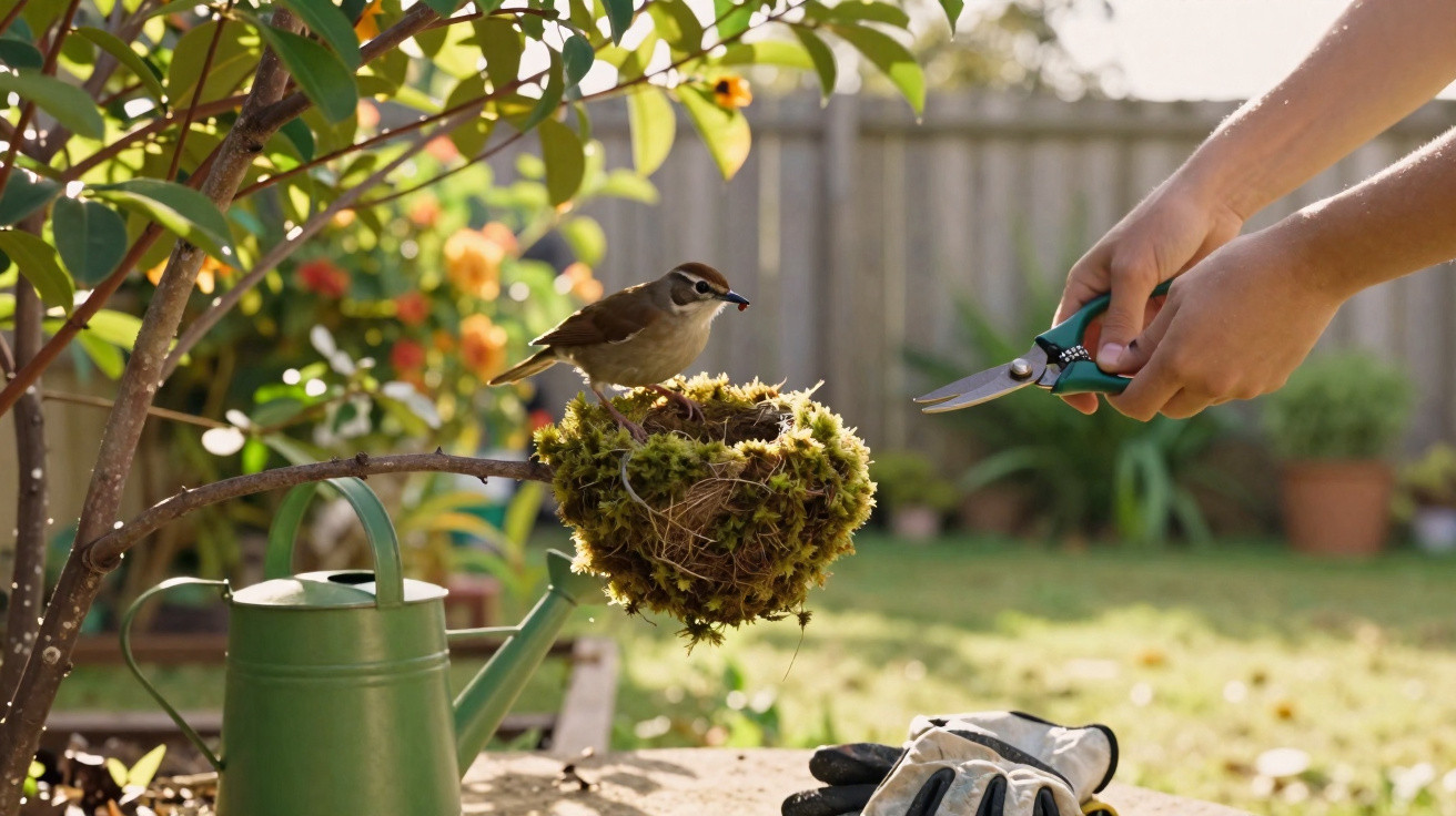 Bird perched on a mossy nest on a tree branch with a person holding pruning shears nearby in a garden.