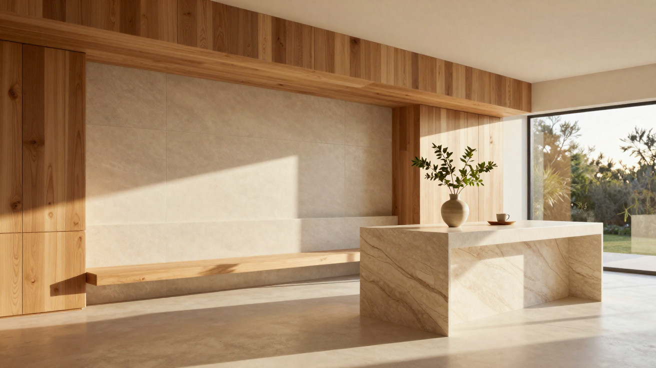 Minimalist modern interior with wooden paneling, marble bench, vase with greenery, and large window showing garden view.