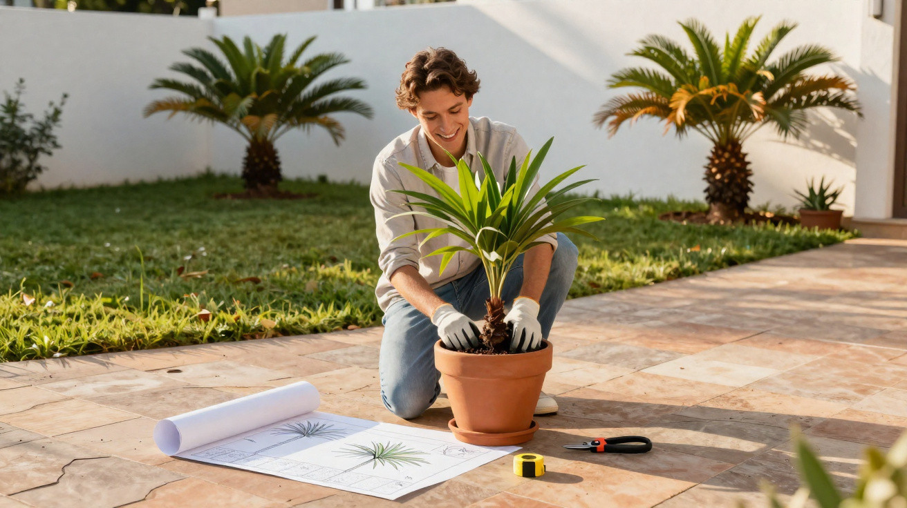 Young man repotting a green plant outdoors beside gardening tools and plant design sketches.