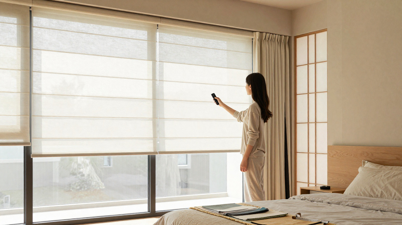 Woman adjusting light beige blinds in a modern, minimalistic bedroom with wooden furniture and neutral decor.