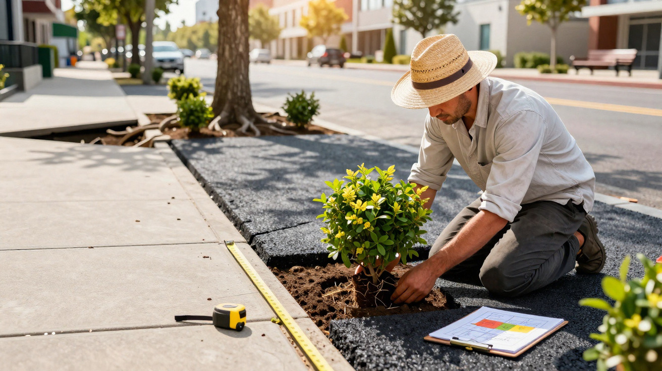 Man wearing a straw hat planting a shrub next to a sidewalk with a measuring tape and clipboard nearby.