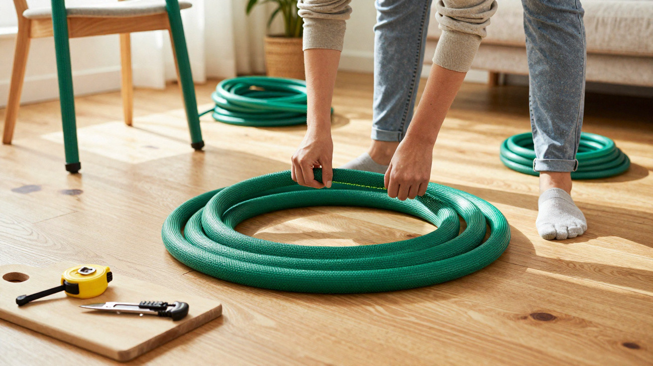 Person coiling a green garden hose on a wooden floor with tools and a chair nearby.