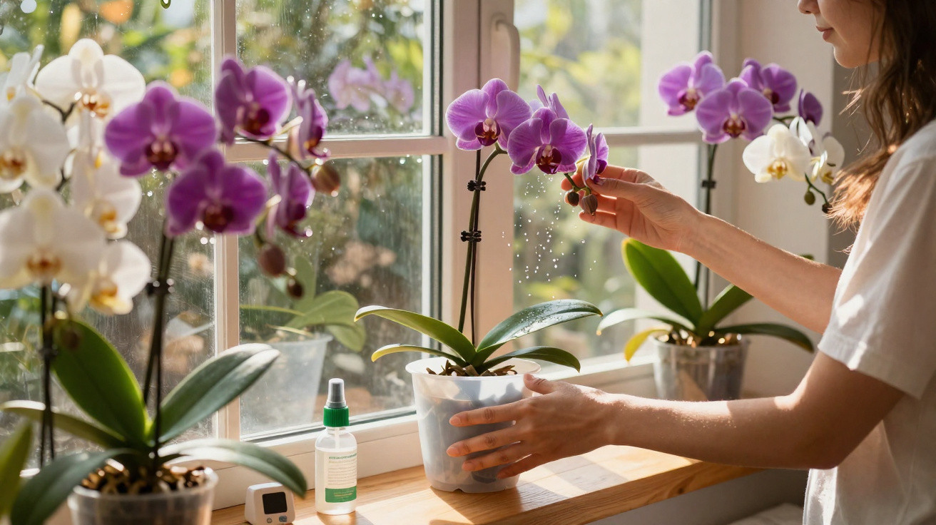 Person tending to purple and white orchids on a sunny windowsill with gardening spray and thermometer nearby.