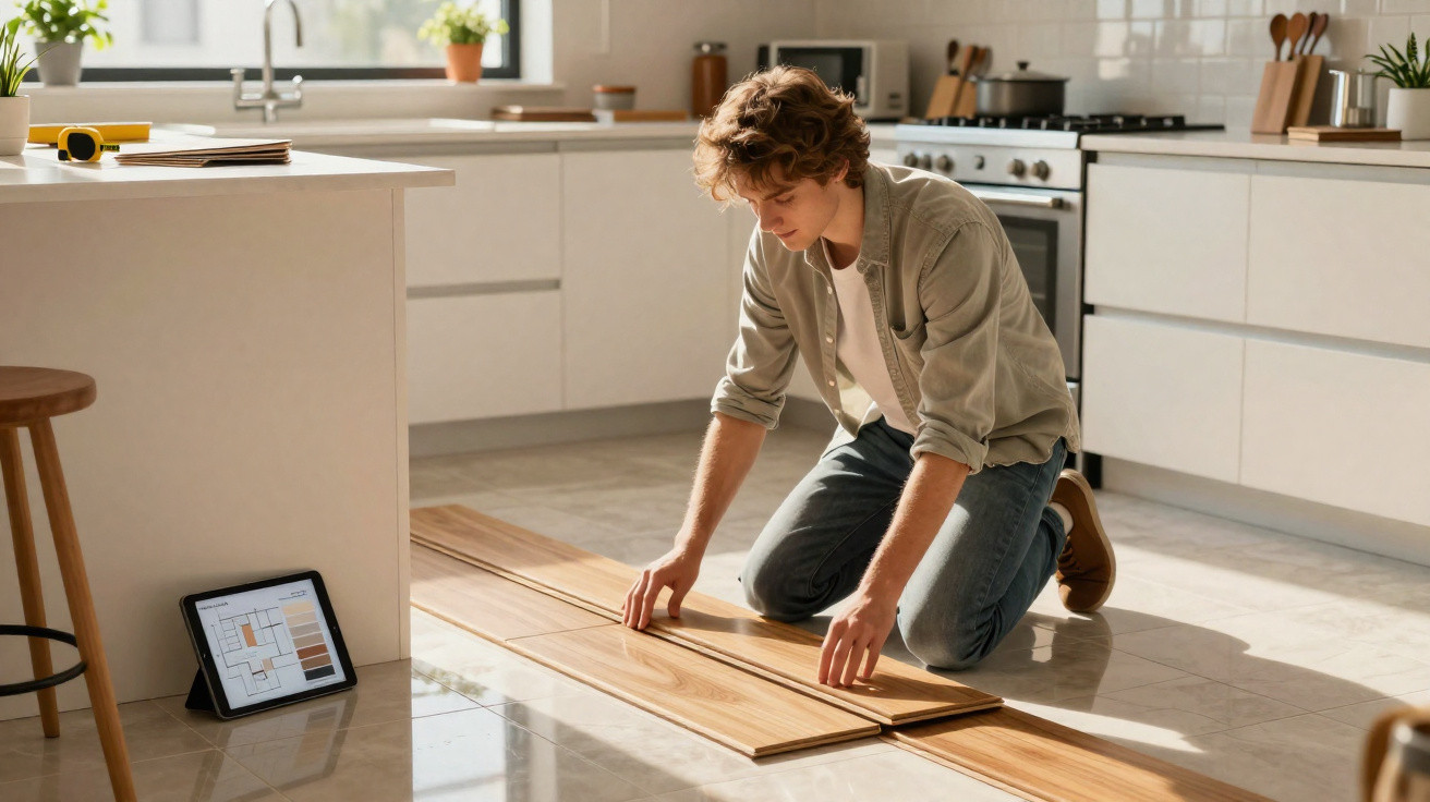 Young man kneeling on kitchen floor installing wooden flooring planks, following instructions on a tablet nearby.