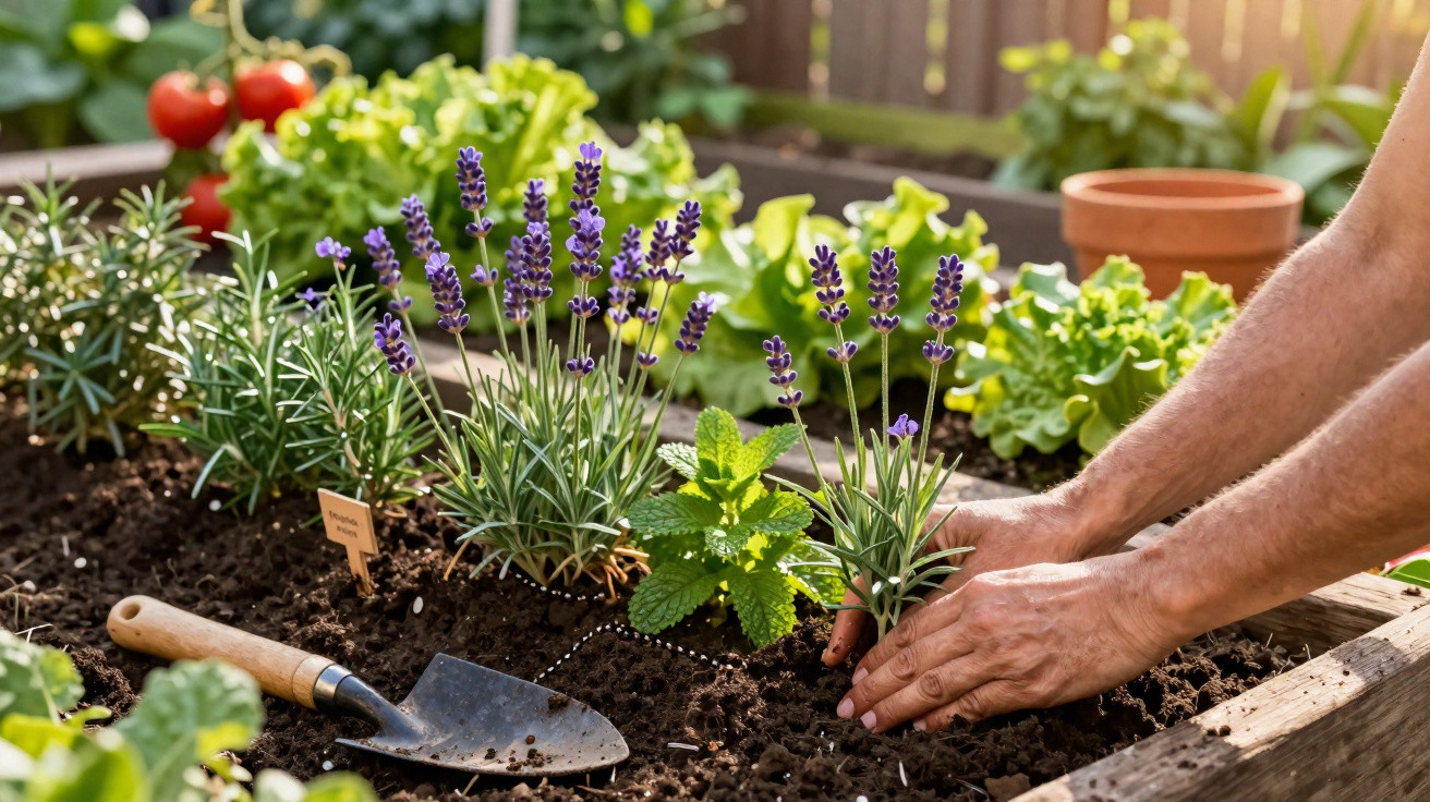 Hands planting lavender in a vegetable garden bed with a trowel, lettuce, and tomatoes in the background.