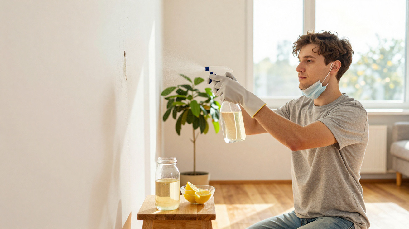 Young man wearing gloves and a mask sprays cleaning solution on a wall in a bright room.
