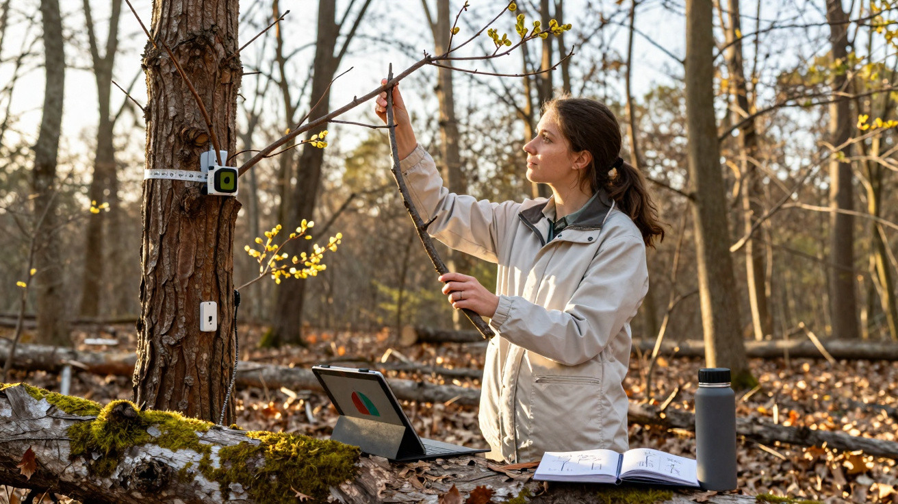 Woman in light jacket studying tree branch in a forest with laptop, notebook, and scientific equipment on a log.