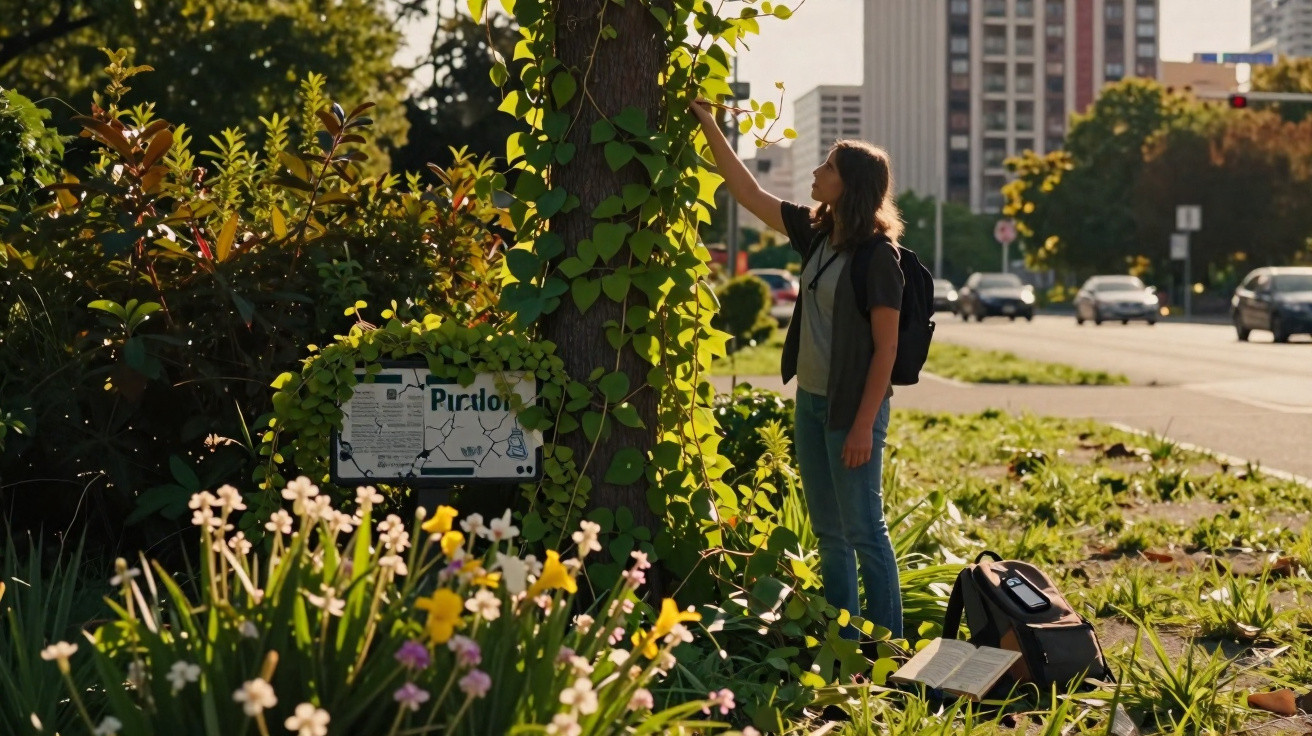 Person with backpack reaches towards leaves on a tree in a city garden beside a road with cars.