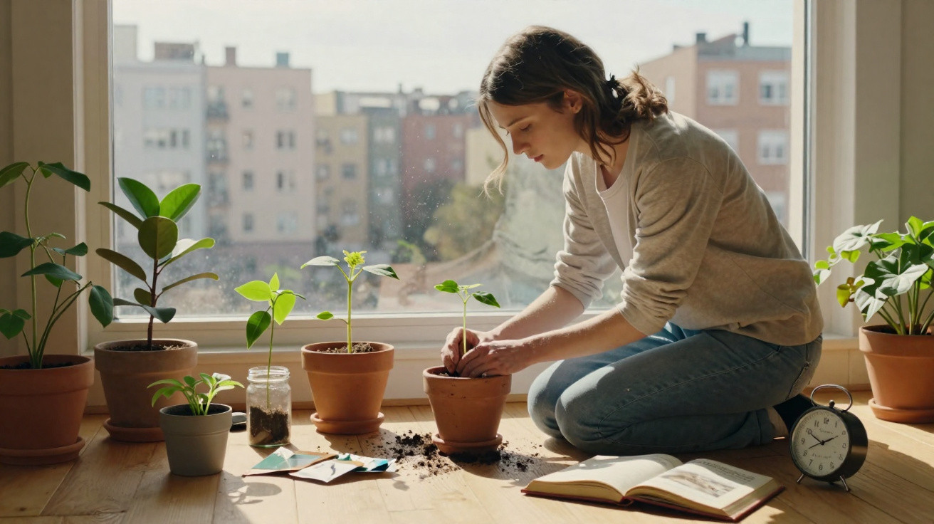 Woman tending to potted plants on a wooden floor next to a window with an open book and alarm clock nearby