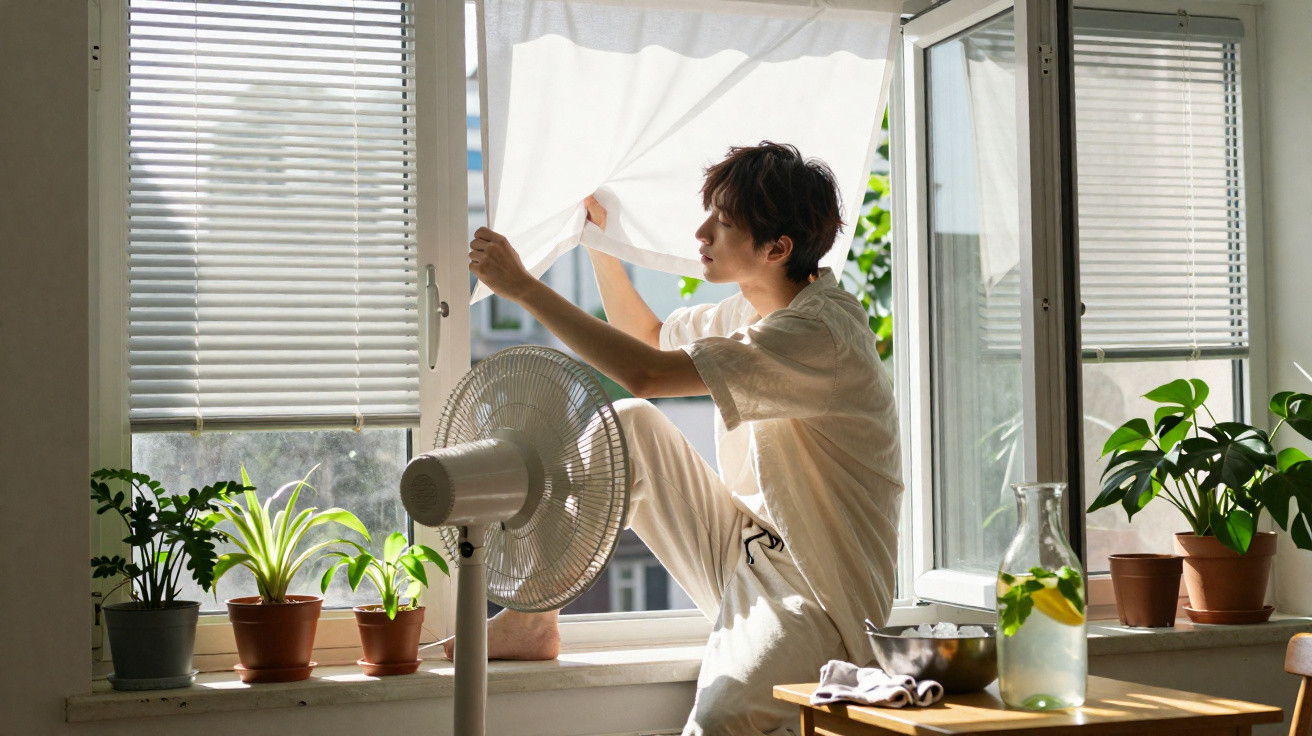Young person adjusting a curtain by an open window with plants, a fan, and a jug of lemon water nearby.