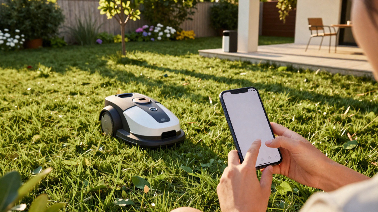 Person controlling a robotic lawn mower in a sunny garden using a smartphone app.