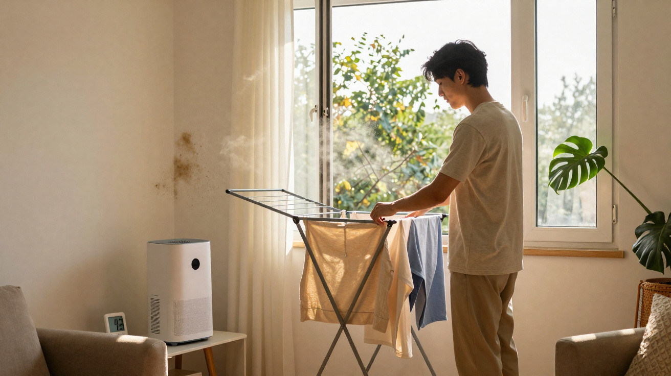 Man hanging clothes to dry on a drying rack in a sunlit living room near a window.
