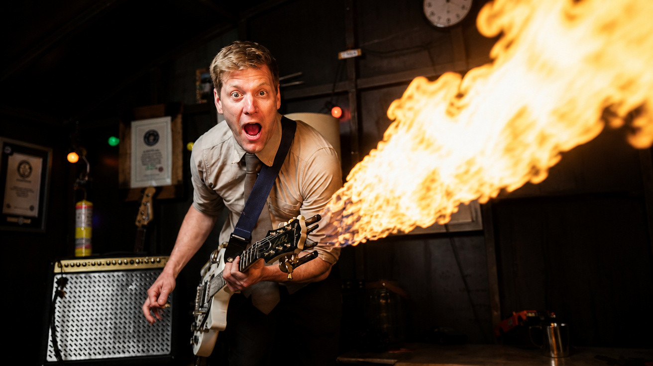 Man playing electric guitar emitting a large flame from the instrument indoors with a shocked expression.