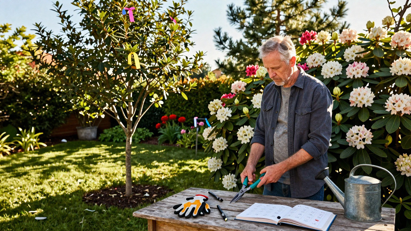 Man pruning plants in a sunny garden with blooming flowers and gardening tools on a wooden table nearby