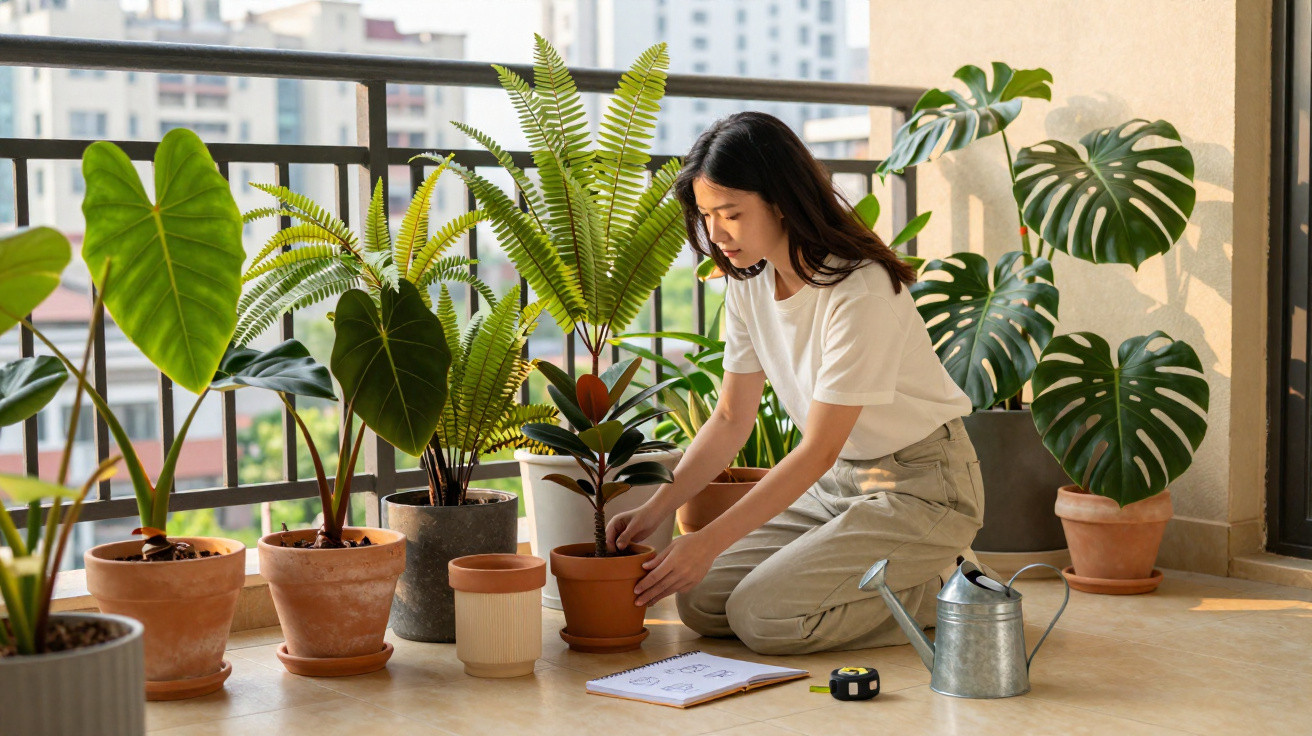 Woman kneeling on balcony tending a variety of potted indoor plants with a watering can nearby.