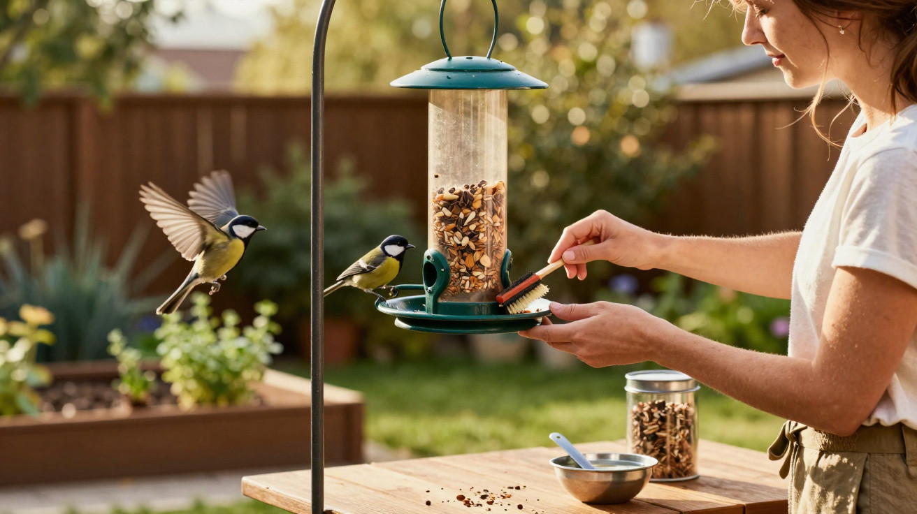 Woman cleaning a bird feeder with two great tits feeding in a sunny garden setting.