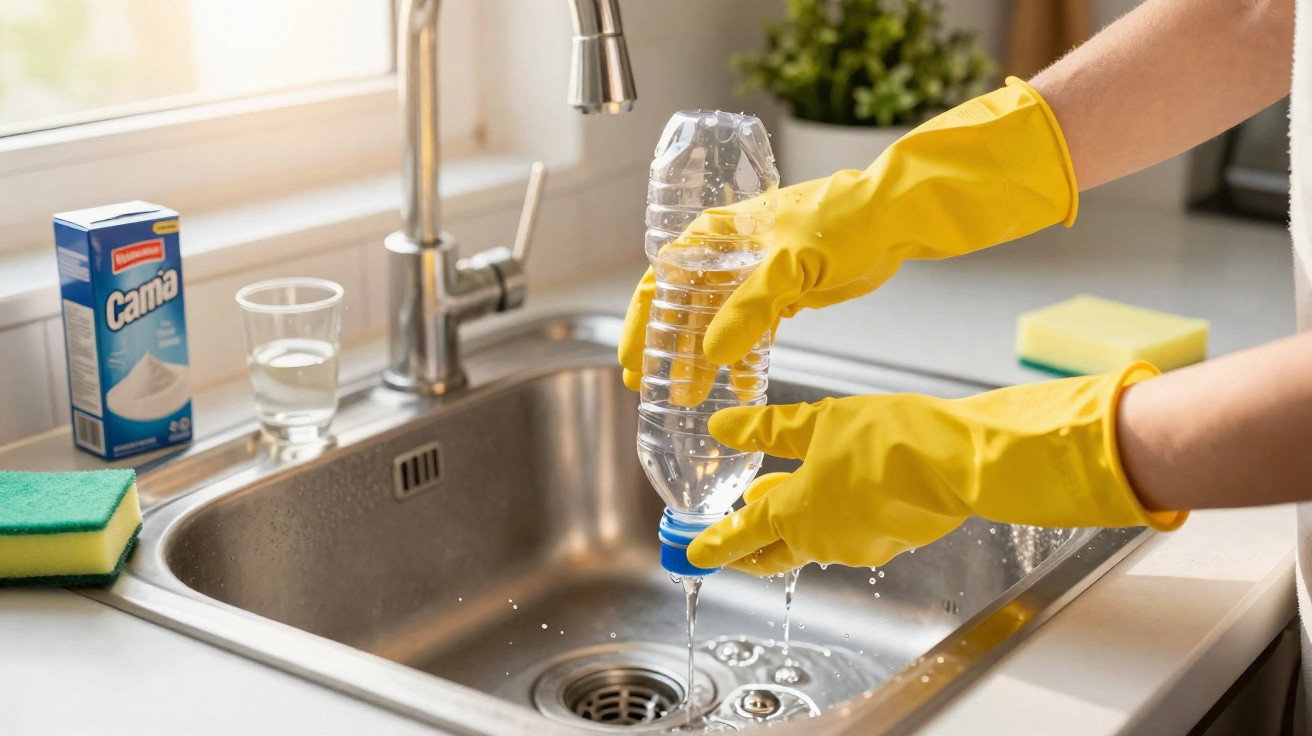 Person wearing yellow gloves pouring water from a plastic bottle into a kitchen sink.