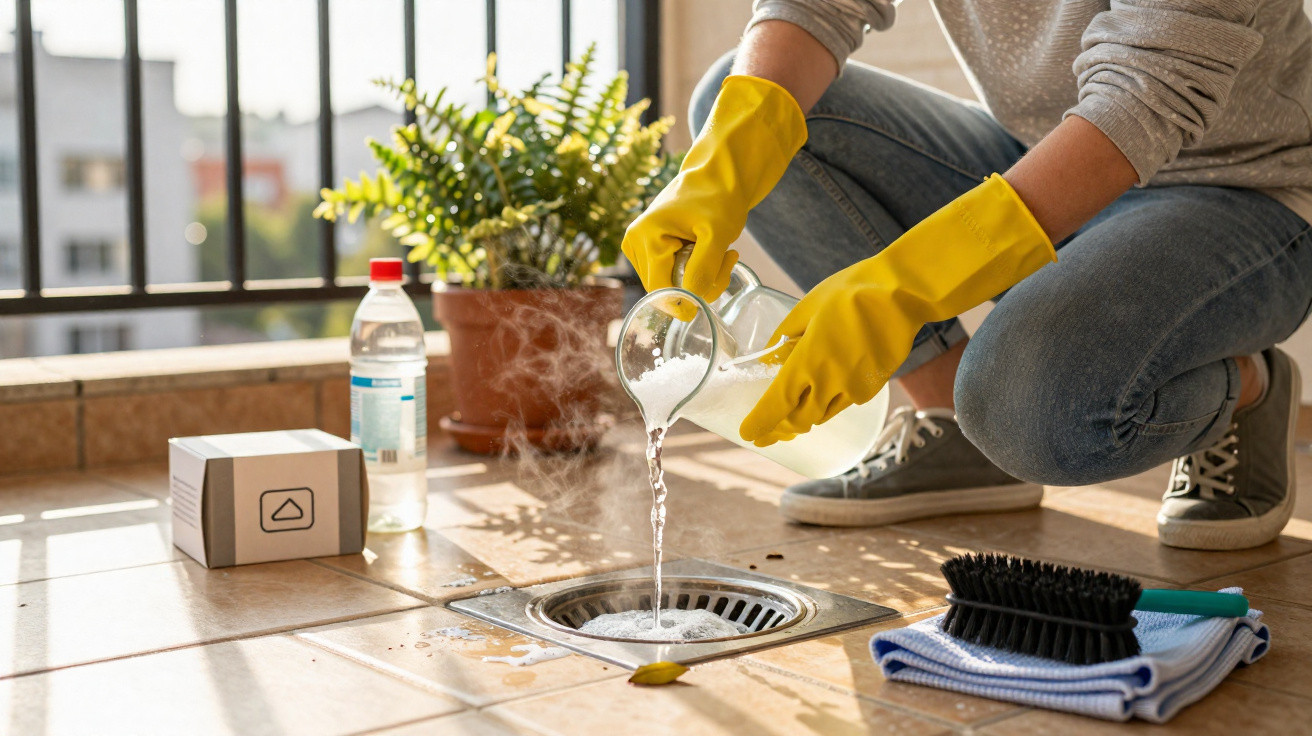 Person wearing yellow gloves pouring steaming liquid into a floor drain on a tiled balcony.
