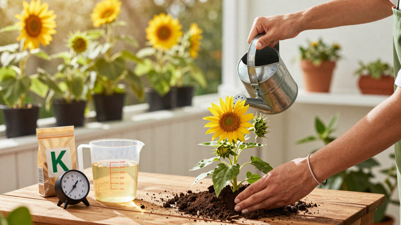 Person watering a sunflower seedling on a wooden table with gardening supplies nearby.