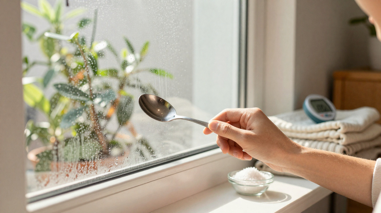 Hand holding a spoon near a steamed window with a small bowl of salt on the windowsill.