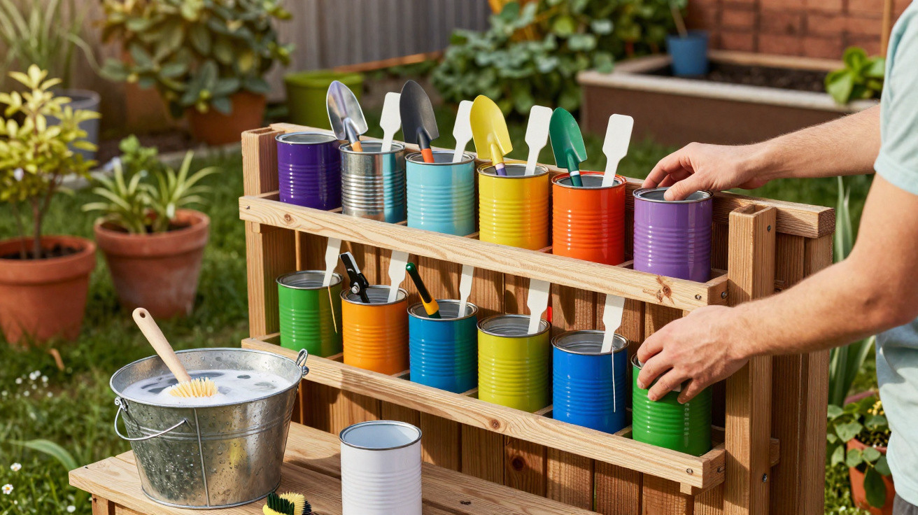 Person arranging colourful tin cans with garden tools on wooden rack in a garden setting.