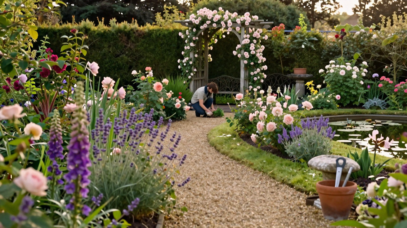 Person tending flowers in a vibrant garden with a gravel path, rose-covered archway, and a lily pond.