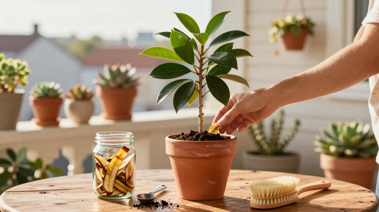 Hand watering a small potted plant on a wooden table with gardening tools and other plants in the background.
