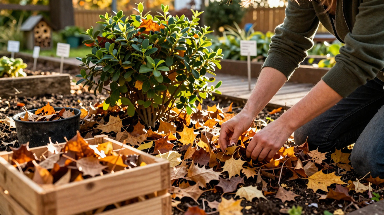 Person gathering fallen autumn leaves in a garden bed near a small green bush and wooden crate.
