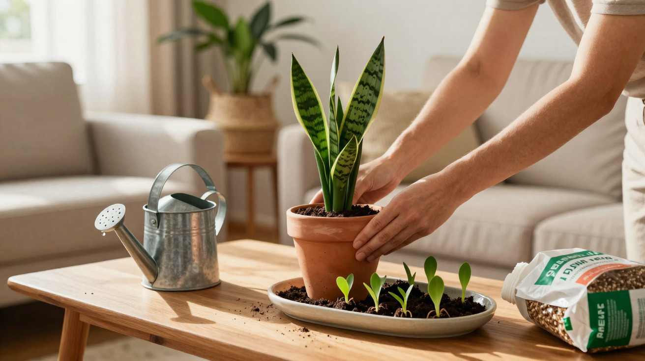 Person repotting snake plant on table with seedlings, watering can, and bag of soil in living room.