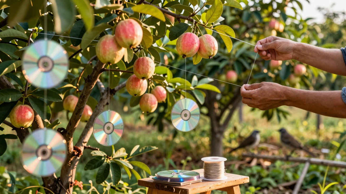 Person hanging CDs from apple tree branches to protect fruit from birds in an orchard on a sunny day.