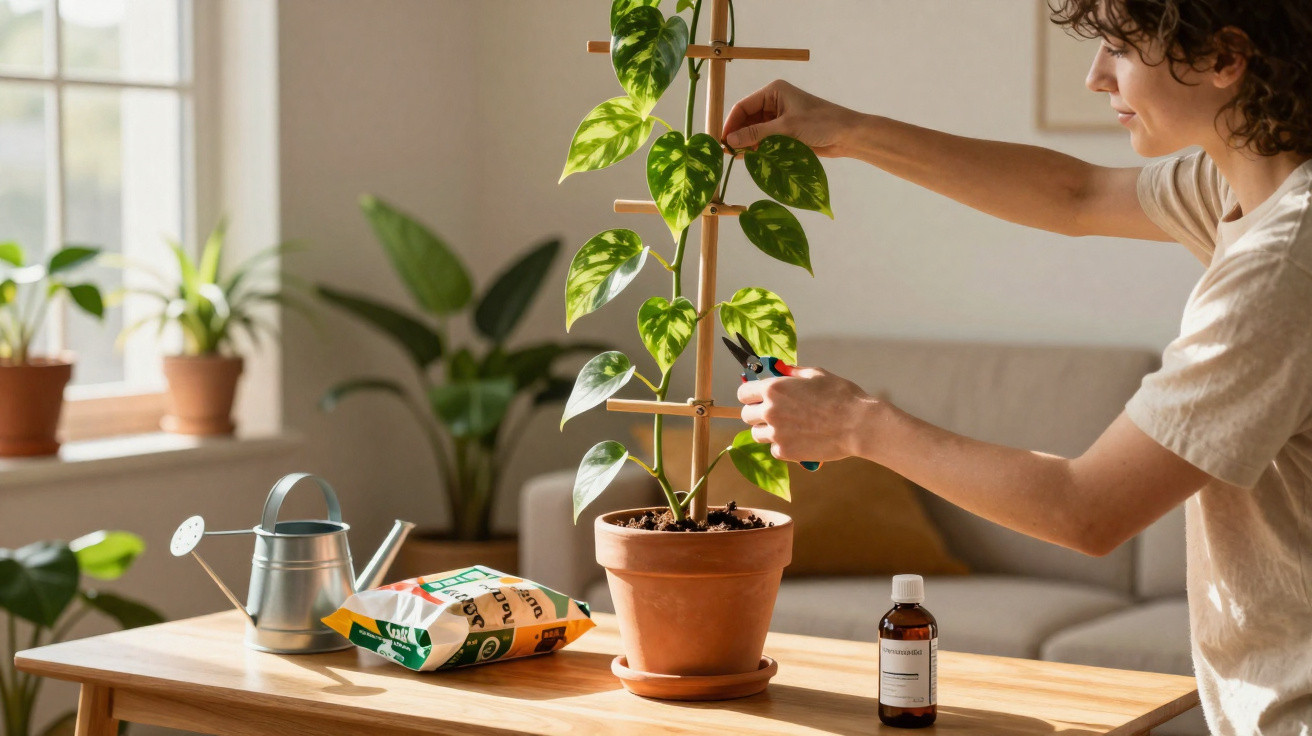 Person pruning a potted plant in a bright room with gardening supplies on a wooden table.